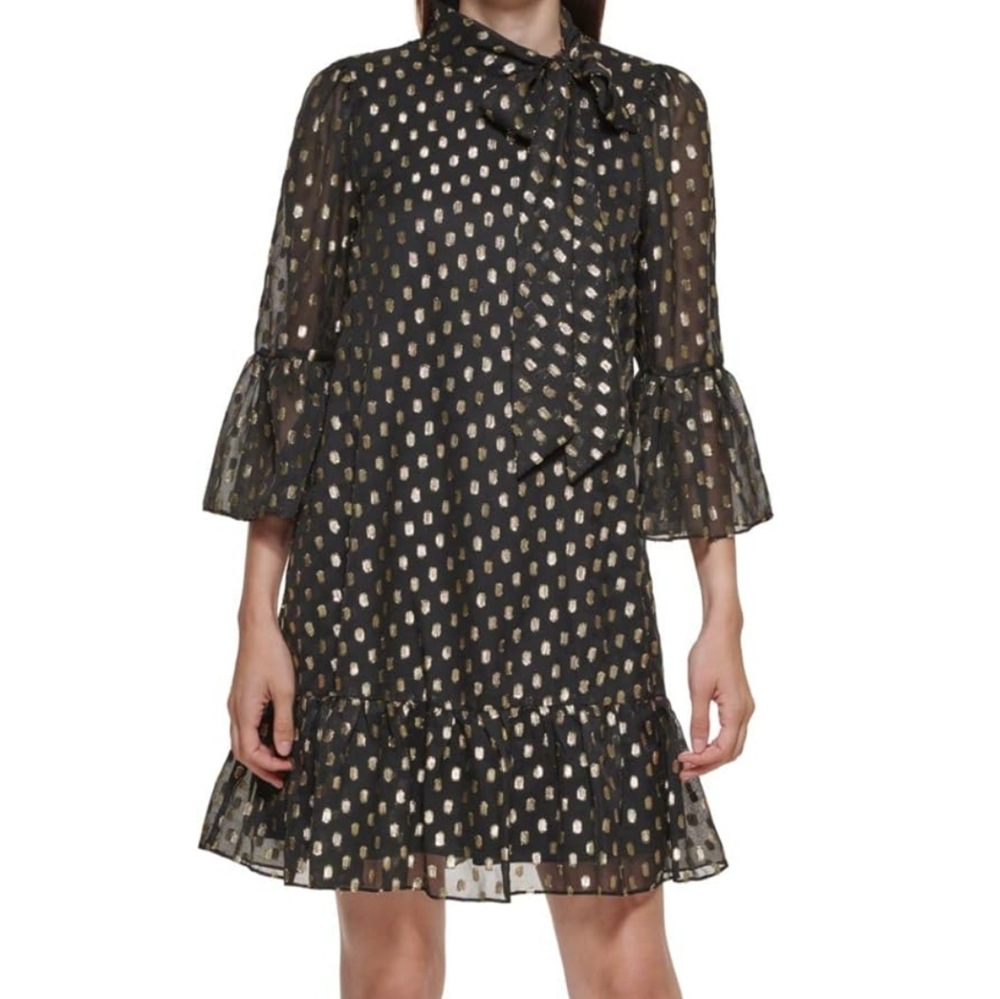 Calvin Klein Black A-line Dress Bell Sleeves Gold Metallic Oval Accents Babydoll